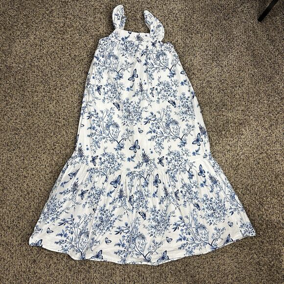 Btween Girls Sz 12 Dress Blue White Floral Linen Blend Lined Soft Ruffle Cottage - Picture 1 of 11